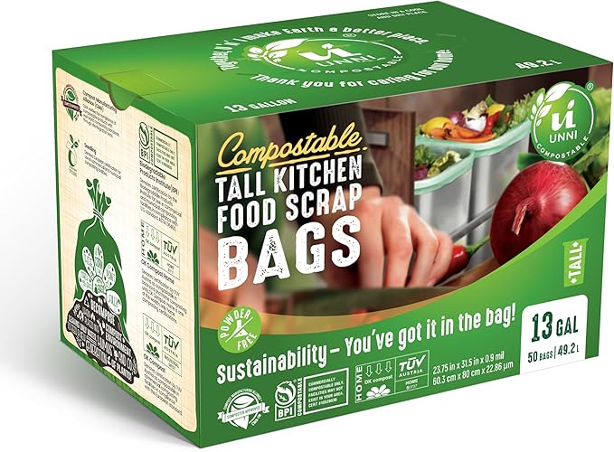 UNNI Compostable Trash Bags, 13 Gallon / 49.2 Liter, 50 Count, Extra Thick 0.9 Mil Tall Kitchen Food Scrap Bin Liners, Certified by BPI, CMA & OK compost HOME, Meets the ASTM D6400 Standard