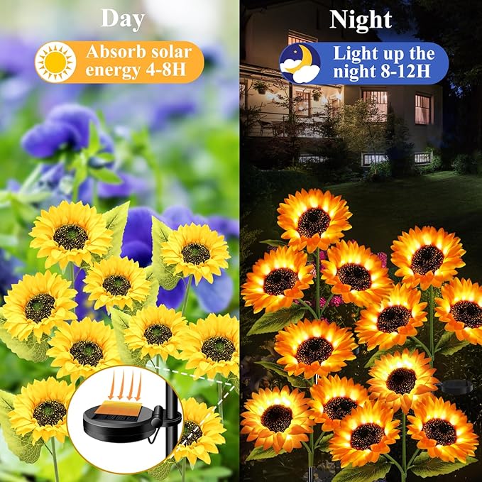 Solar Garden Lights Outdoor Waterproof, 2 Pack Solar Powered Decorative Sunflower Garden Stake Lights for Outdoor Patio Pathway Walkway Landscape Yard Cemetery Grave Decorations