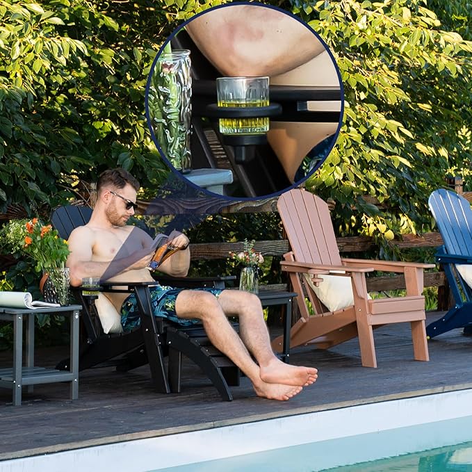 Folding Adirondack Chair with Cup Holder Set of 4, HDPE Patio Chairs,All-Weather Outdoor Chairs for Backyard, Deck,Fire Pit-Coffee