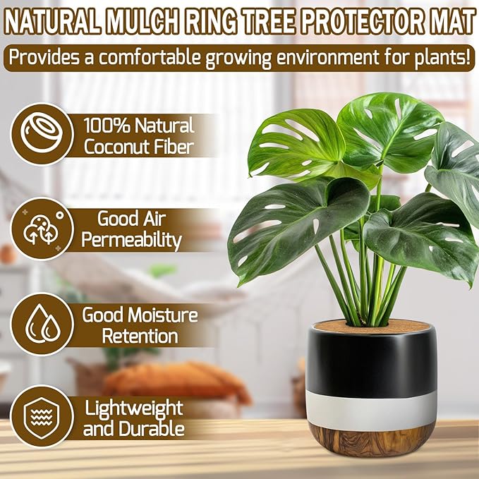 ZeeDix 3 Pack 12 Inch Coconut Fiber Mulch Ring, 100% Natural Coco Coir Tree Ring Mulch Mat Plant Protector Mat, Coconut Coir Discs Plant Pot Soil Cover for Indoor Outdoor Plants, Garden Decoration
