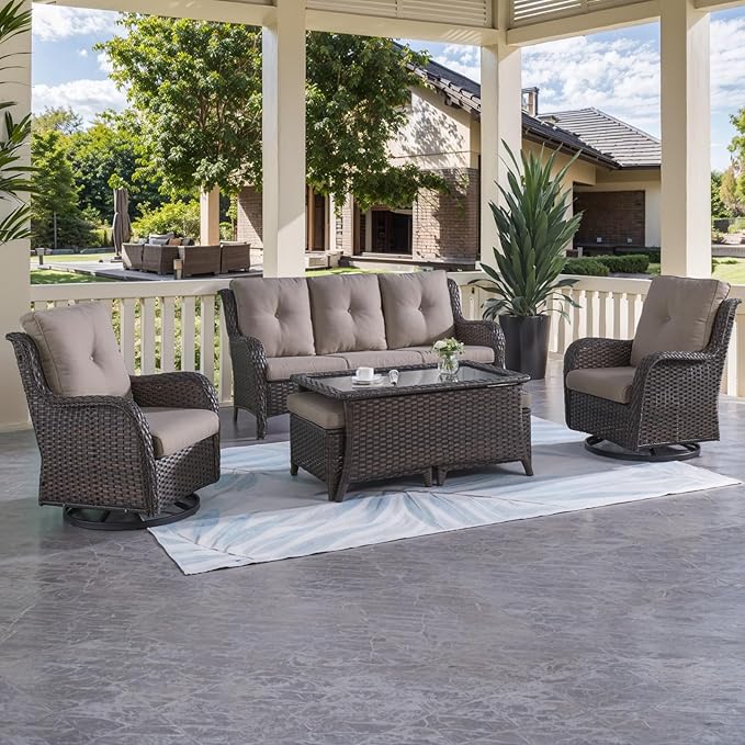 HUMMUH Patio Furniture 6 Pieces Outdoor Furniture Set Wicker Outdoor Sectional Sofa with Swivel Rocking Chairs,Patio Ottomans,Patio Coffee Table