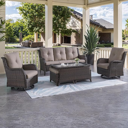 HUMMUH Patio Furniture 6 Pieces Outdoor Furniture Set Wicker Outdoor Sectional Sofa with Swivel Rocking Chairs,Patio Ottomans,Patio Coffee Table