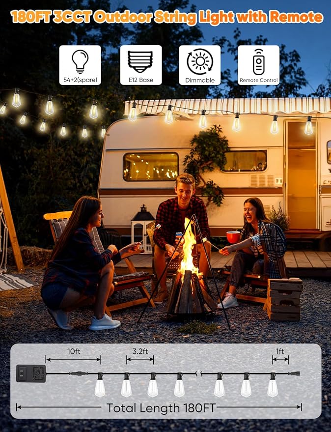 Brightever 180FT LED String Lights with Remote Control, 2700K/4000K/5000K Selectable Outdoor Patio Lights with 56 Shatterproof ST38 Edison Bulbs, 3 Modes Dimmable Outside Light for Yard, Porch