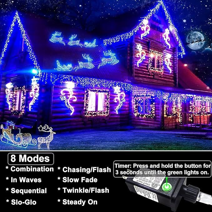 Icicle lights Outdoor - 33ft Christmas Lights with 400LED 75 Drops 8 Modes, Plug in Curtain String Lights Waterproof for Holiday Wedding Party Home Garden Bedroom Indoor Outdoor Decoration, Blue