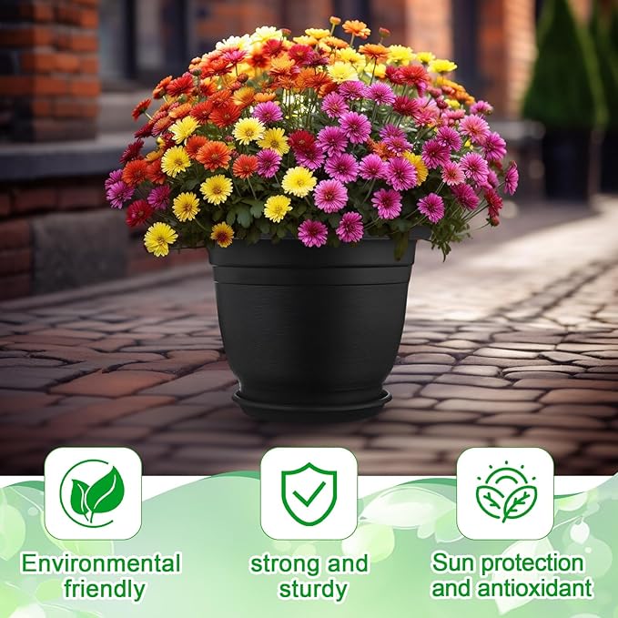 12 Pack 10'' Plastic Plant Pots Round Planter Pots with Saucer Tray Seedling Pot Hole Seed Resin Plant Pot Starting Nursery Flower Container with Pallet for Garden Outdoor Indoor(Black)