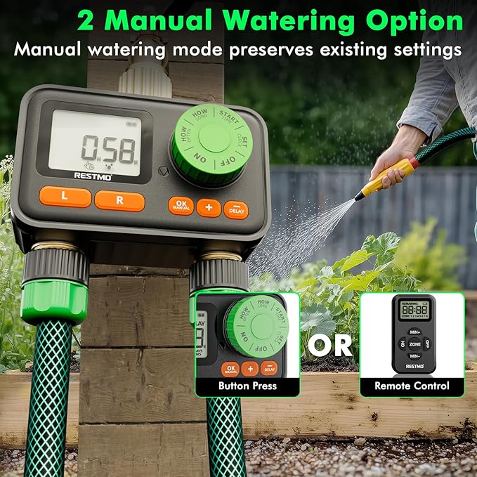 RESTMO RF Remote Controlled Sprinkler Timer with Brass Inlet & Outlet, Water Timer for Garden Hose, Automatic/Manual/Rain Delay for Outdoor Faucet, Drip Irrigation and Lawn Watering, 2 Outlet