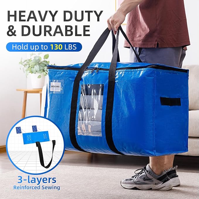 TAILI Extra Large Moving Bags, 10 Pack Blue Heavy Duty Totes For Storage with Visible Window, Wrap Around Handles, Storage Bags for Space Saving, Alternative to Moving Boxes