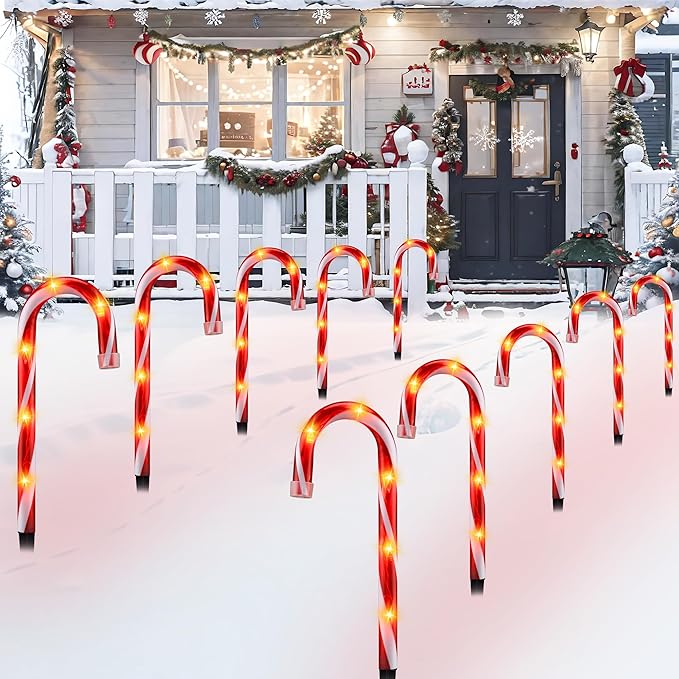 10" Christmas Candy Cane Lights - Set of 10 Pathway Markers Christmas Outdoor Yard Decorations, Xmas Candy Cane Stake Lights for Lawn, Walkway, Garden, Xmas Party Indoor Ornaments
