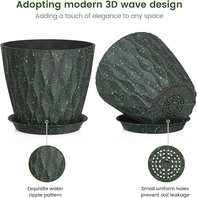 7 inch Plant Pots for Indoor Outdoor Plants, 5 Pack Thick Flower Pots with Drainage Holes and Saucers, 3D Modern Wave Texture Plastic Planter Nursery Pots, Black with Green Speckles