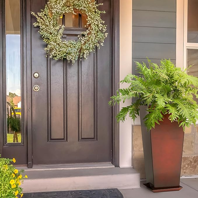 WORTH Garden 28" Large Metal Glazed Planter Set of 2, Luxurious Glossy Finish Red Tall Square Tapered Steel Plant Pots, Decor Flower Pot Indoor & Outdoor, Drainage Hole & Dual-Purpose Plant Saucer