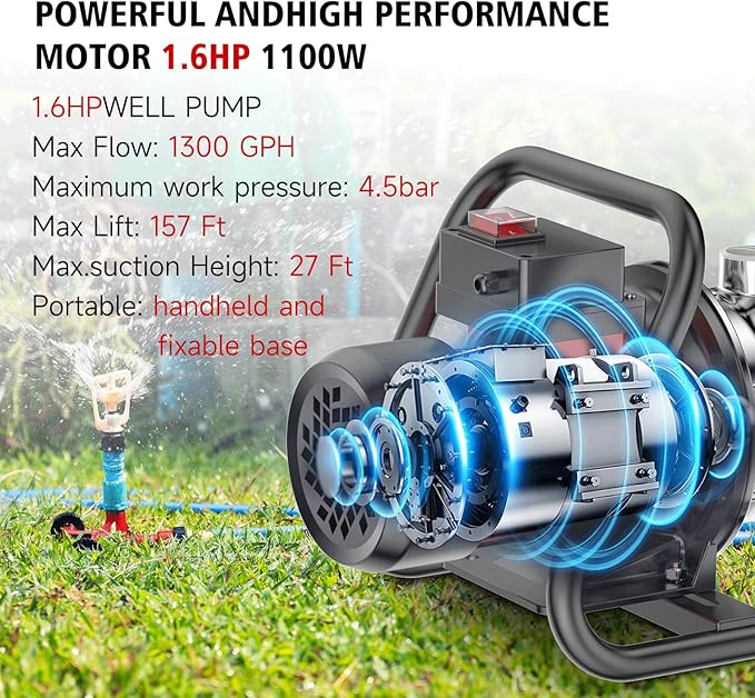 1.6HP Shallow Well Pump, 1300GPH Shallow, Portable water, for Garden Farm Irrigation Lawn, Sprinkler System, transfer pump Remove Standing Water, Landscape Fountain.