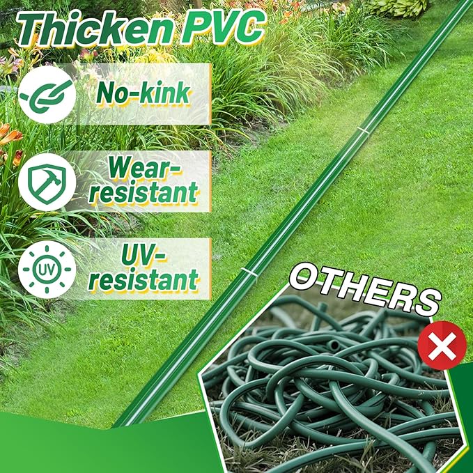 2 Pack 50ft Sprinkler Soaker Hose - Kink-free, Save Water, Flexible, Heavy Duty Three Tube Flat Watering Hose for Garden Yard Lawn Irrigation, With 30 Stakes