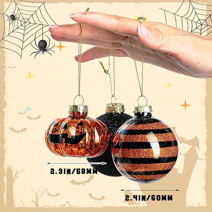 Halloween Tree Ornament Decorations Indoor, 12-Pack Pumpkin Decorative Hanging Ball Ornaments Set for Halloween Christmas Tree, Cute Holiday Party Indoor Home Decor