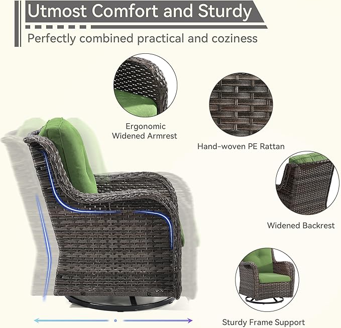 Outdoor Swivel Rocker Patio Chair - Outdoor Wicker Patio Glider Chair with Olefin Fabric Cushions Suitable for Backyard Deck and Porch, Green