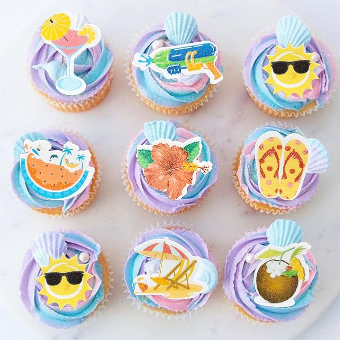 Ephlyn 54Pcs Edible Summer Beach Pool Cupcake Toppers Sun Flower Watermelon Water Gun Coconut Slippers Cupcake Picks Hawaii Theme Birthday Party Cake Decorations Supplies Red Yellow