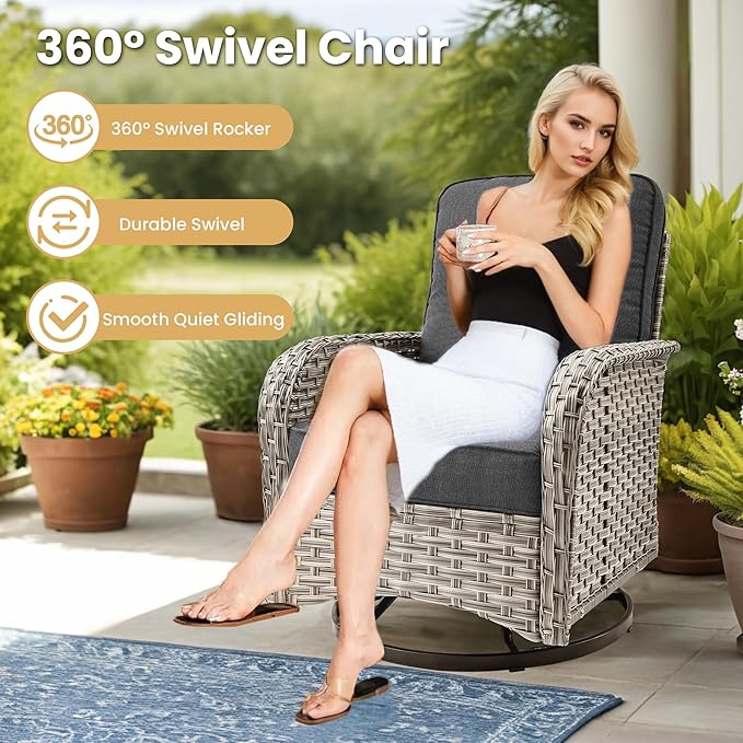 HOOOWOOO Outdoor Sectional Furniture Set,8 Pieces Wicker Patio Conversation Sets,L Shape All Weather Outside Couch Sofa Set with Swivel Chairs Solar Light Table Ottoman,Black