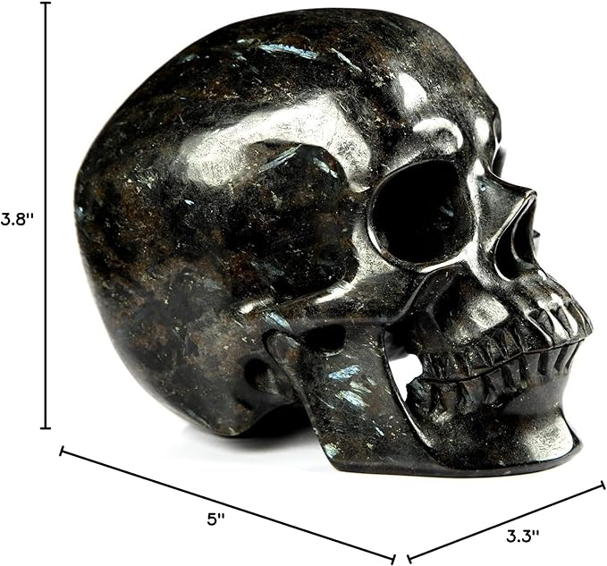 Skullis 5.0" Russian Arfvedsonite Hand Carved Crystal Skull, Super Realistic, Crystal Healing, Hand Carved Gemstone Fine Art Sculpture, Reiki Healing Stone Statue. z8