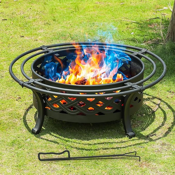 42 Inch Outdoor Fire Pit with 2 Loops,Crossweave Wood Burning Fire Pits for Outside,with Spark Screen,Fire Poker,Round Metal Firepit for Patio,Backyard,Beach,Camping,Bonfire(42''Black)