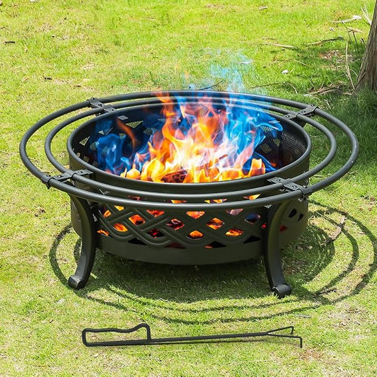 42 Inch Outdoor Fire Pit with 2 Loops,Crossweave Wood Burning Fire Pits for Outside,with Spark Screen,Fire Poker,Round Metal Firepit for Patio,Backyard,Beach,Camping,Bonfire(42''Black)