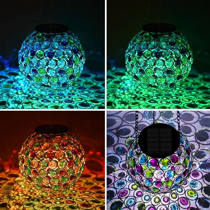 Solar Hanging Lantern Outdoor Lights, Dual LEDs Color Changing and Cool White Hanging Light Waterproof Crystal Globe Lamp Decoration in Garden, Pathway, Front Door - Multi Color