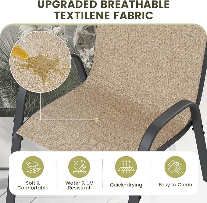 UDPATIO Patio Dining Set of 7, Outdoor Table and Chairs Set with Square Metal Table, 6 Stackable Patio Chairs with High Back, Outdoor Furniture for Deck Garden Backyard Lawn Poolside (Brown)