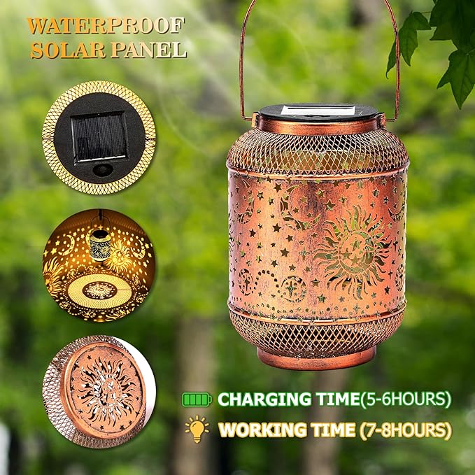 Solar Lanterns Outdoor Garden Decor, Metal Sun Moon Decor Lanterns Birthday Gifts for Women Mom Grandma, Waterproof Hanging Outdoor Solar Lights for Patio, Yard, Lawn, Landscape