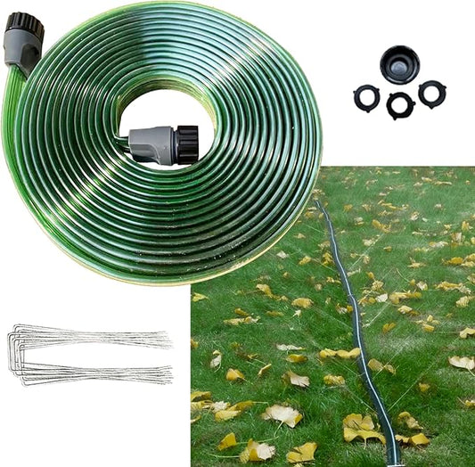 25FT Flat Sprinkler Hose for Lawn Watering Garden Soaker Hose with Holes, Heavy Duty Lightweight No-Kink Water Hose with Stakes, Irrigation Hose, Great Fun for Kids and Dog