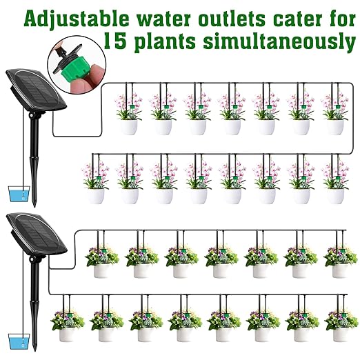 Solar Drip Irrigation System for Garden, Automatic Drip Irrigation Kits,Plants Self Watering Devices for Vacation,Solar Powered Water Pump for Potted Plants,Raised Beds,Greenhouse (15 Pots)