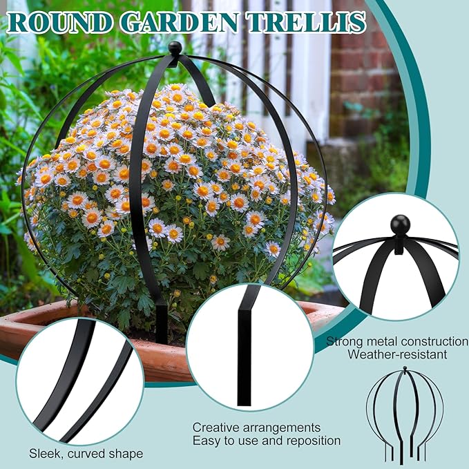 2 Pcs Large Metal Circle Trellis Garden Obelisk Sculpture Globe Trellis for Climbing Plants Outdoor Potted Round Planter Trellis Garden Decor for Patio Doorway Black 18.50 x14.96''