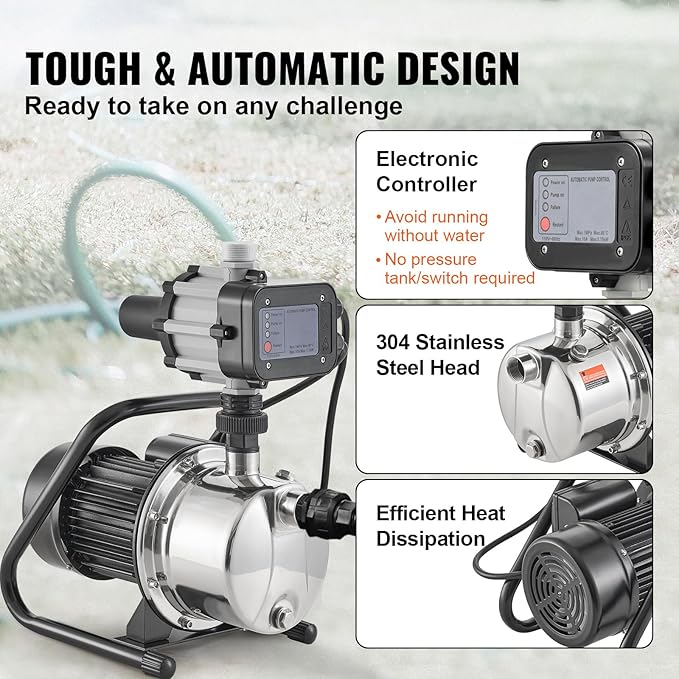 VEVOR 1HP Shallow Well Pump Portable, 1380 GPH Garden Jet Pump with Automatic Controller, 145 ft Head Stainless Steel Sprinkler Booster Pumps, for Garden Lawn Irrigation System, Water Transfer