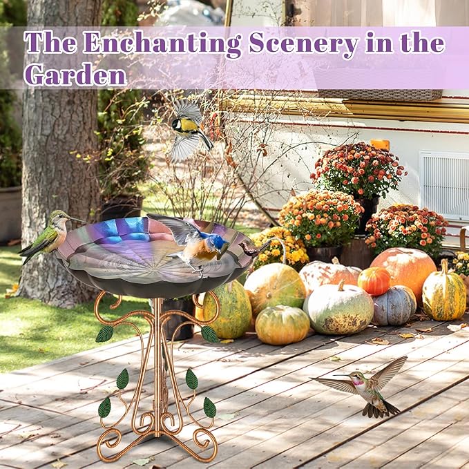 13" Diameter Vintage Metal Bird Bath, Birdbaths with Cast Iron Pedestal, Large Antique Bird Feeder for Outdoors Garden Patio Decor (Colorful Gradient)