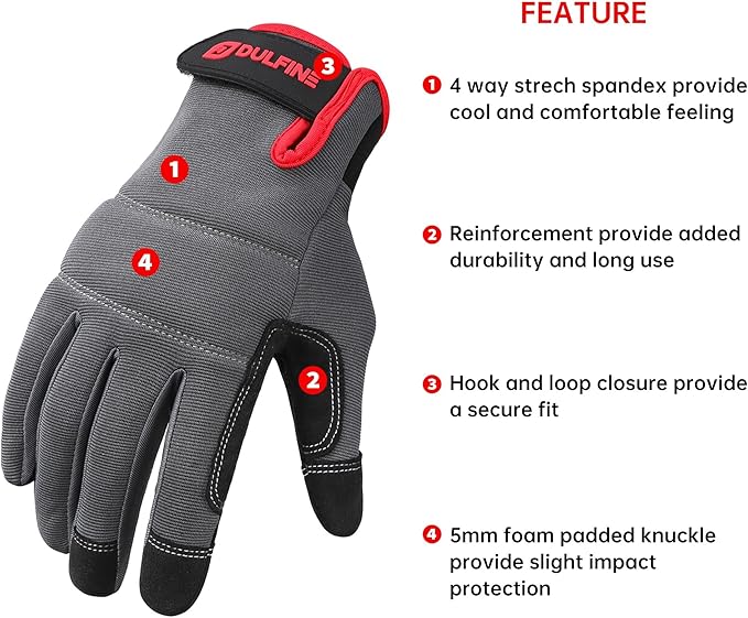 DULFINE Flex Grip Mechanic Work Gloves for Men,Black and Red Utility Safety Working Gloves Touch Screen,Excellent Grip,Ideal for Working on Cars and Outdoor Jobs(Small)