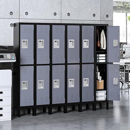 Yizosh Metal Lockers for Employees with Lock, Employees Locker Storage Cabinet with 2 Doors, Tall Steel Storage Locker for Gym, School, Office (Gray Black, 2 Door)