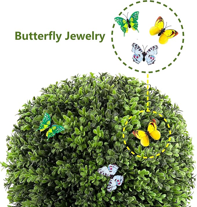 28" Artificial Boxwood Ball Bush, UV Resistant Topiary Tree Faux Boxwood Ball Shaped Porch Bushes with Ground Spike Artificial Bushes for Outdoors Front Door Decor Home Garden