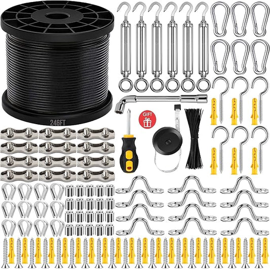 246FT Black Vinyl Coated 304 Stainless Steel Wire Rope Cable Kit – Heavy Duty Outdoor String Light Hanging Guide Wire with M5 Turnbuckle for Patio, Garden, Christmas Lights