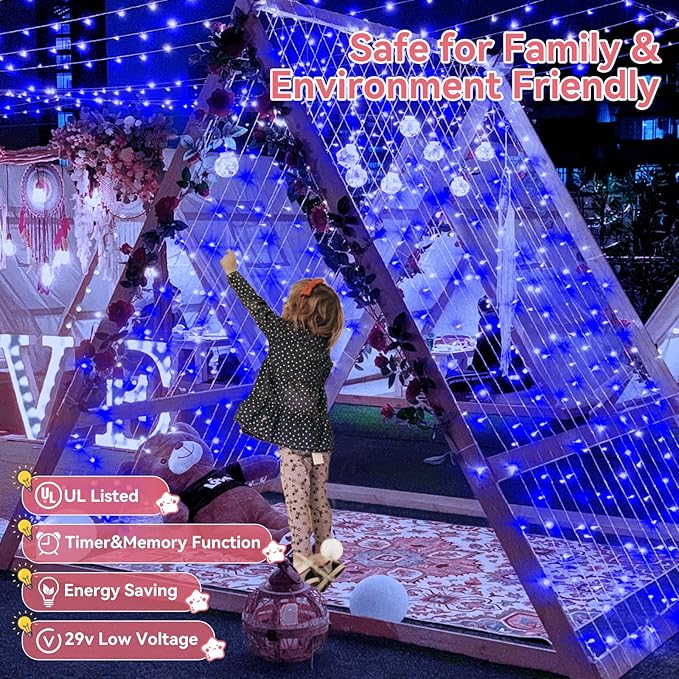 Heceltt 1600 LED 630 FT String Lights Outdoor, 8 Modes Christmas Lights Plug in, IP44 Waterproof Led String Lights with Timer and Memory for Christmas Holiday Wedding Decorations (Blue)