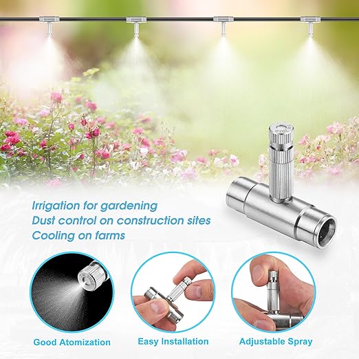 Mornajina 27Pcs Slip-Lock Misting Nozzle Tees with Slip Connector for 3/8 inch Drip Irrigation Tubing Kit, Including 11pcs Mister Nozzles Orifice 0.016", 16pcs 3/8" Brass Slip Connector, High Pressure