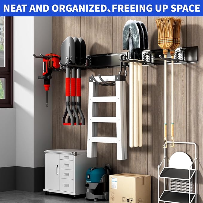 Garage Organization Tool Organizer Wall Mount, 64inch Heavy Duty Garden Tool Organizer Storage System, Easy Install with 10 Adjustable Hooks, for Garage, Basement, Shed, Workshop(Black)