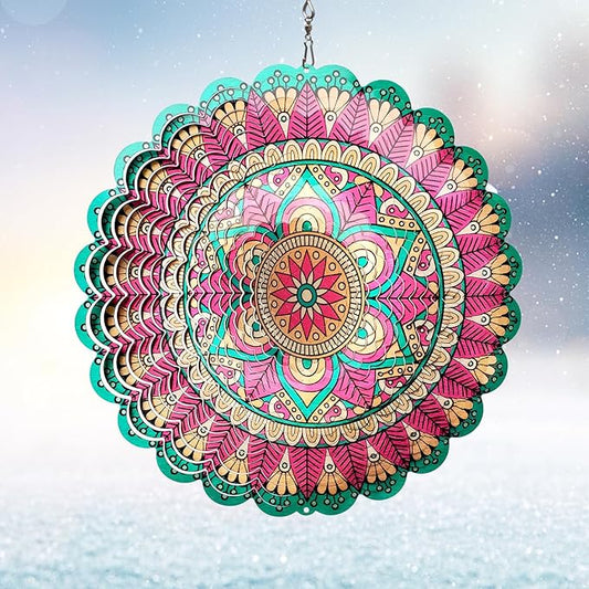 Wind Spinner Mandala Manjusaka Laser Cut Stainless Steel Wind Spinners for Yard and Garden Decoration 3D Kinetic Metal Art Ornament Hanging Wind Sculptures Outdoor Decor Creative Gifts Ideas
