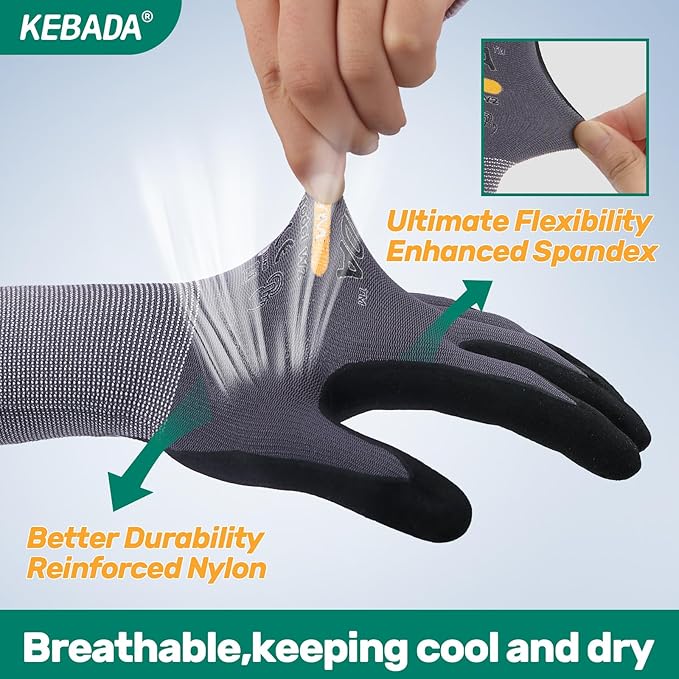 Kebada W2 Work Gloves for Men and Women, Nitrile Coated Working Gloves for Gardening, Construction, Warehouse, Safety Gloves for Work in Yard and Outdoors, 6 Pairs, Small