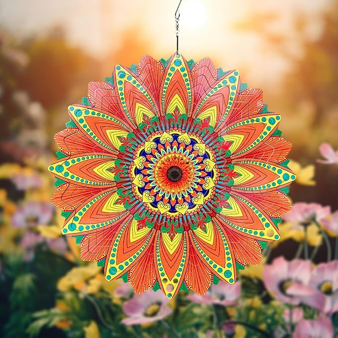 Wind Spinner Colorful Sunflower 12 inch 3D Stainless Steel Laser Cut Metal Double Sided Printing-Hanging Indoor/Outdoor Decorations Yard Gardening Decor,Metal Kinetic Art Ornament Gifts
