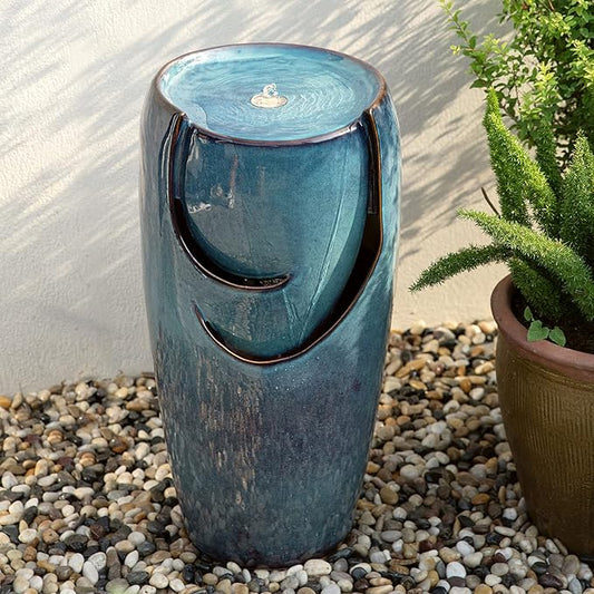 Glitzhome 29.25" H Oversized Ceramic Vase Outdoor Water Fountain Tall Patio Garden Water Fountain with LED Light and Submersible Pump Yard Art Decor, Turquoise