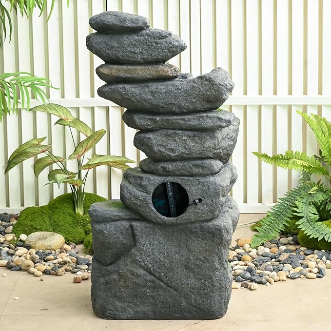 38" Outdoor Garden Water Fountain with Lights 5 Tiers Cascading Large Waterfall Floor Standing Fountain for Patio, Backyard, Deck, Porch and Home Art Decor