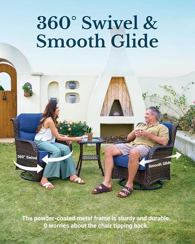 HILLGA Luxury Patio Furniture Set with 6-inch Thick Cushion, Outdoor High Back Swivel Rocker Patio Chairs, 6PCS Wicker Conversation Set for Deck Yard and Poolside, Blue (V2)