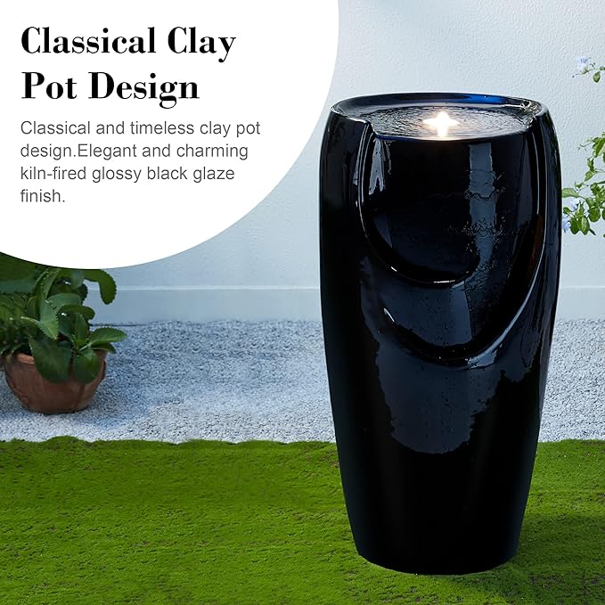 Glitzhome 29.25" H Oversized Ceramic Vase Outdoor Water Fountain Tall Patio Garden Water Fountain with LED Light and Submersible Pump Yard Art Decor, Black, 29.25”H