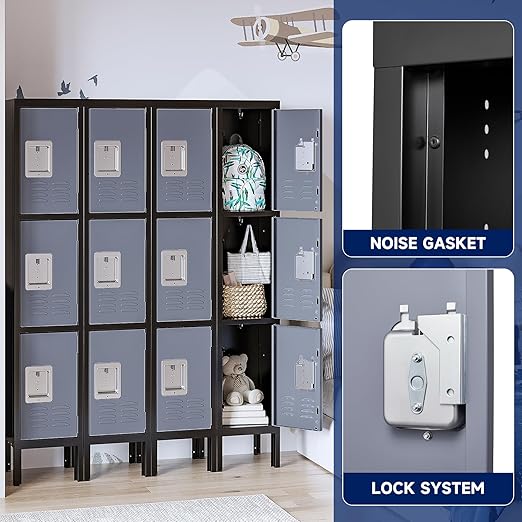 Yizosh Metal Lockers for Employees with Lock, Employees Locker Storage Cabinet with 3 Doors, Tall Steel Storage Locker for Gym, School, Office (Gray Black, 3 Door)