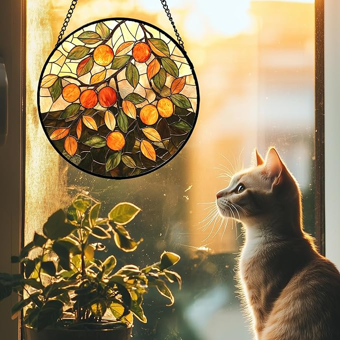 Stained Glass Suncatcher, Orange Green Fruit Tree Sun Catcher Landscape Stain Glass Window Hanging Decoration Mother's Day Birthday Gifts for Women Men Mom Nana 6.3 in