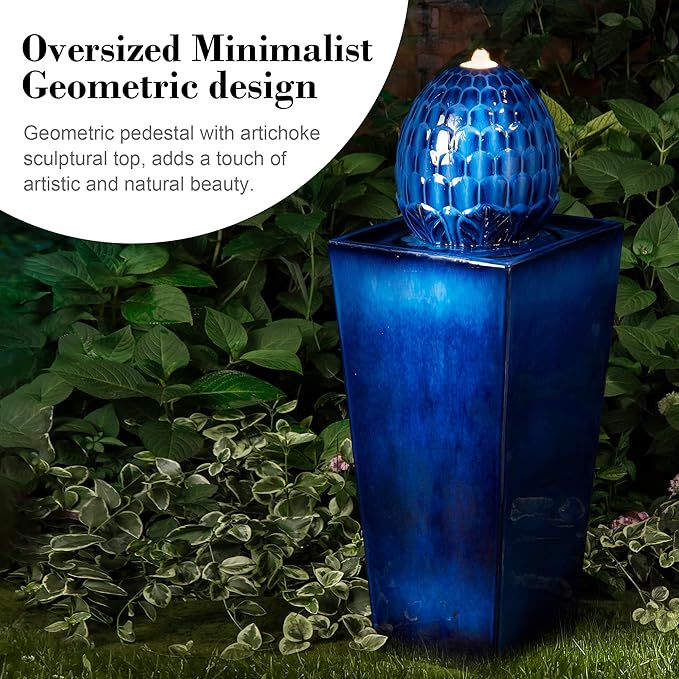 Glitzhome Ceramic Outdoor Water Fountain with LED Light, Oversized Artichoke Pedestal Water Fountains with Submersible Pump, Patio Fountain Waterfall for Garden Patio Deck Porch, Cobalt Blue, 35.75" H