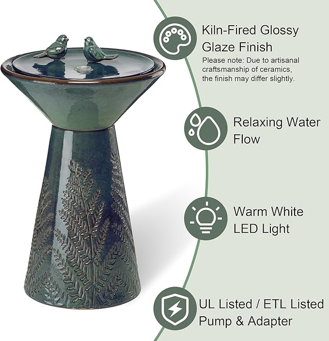 Glitzhome 27.5" H Outdoor Garden Water Fountain with LED Light and Pump, Turquoise Two Birds Embossed Pattern Pedestal Ceramic Floor-Standing Water Fountain for Yard Floor Patio Backyard