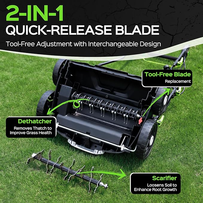 16-Inch 15.5 Amp 2-in-1 Electric Dethatcher and Scarifier with 14.5-Gallon Removable Thatch Collection Bag, Lawn Dethatcher with 5-Position Depth Adjustment, Quick-Fold, Keeps Lawn Healthy
